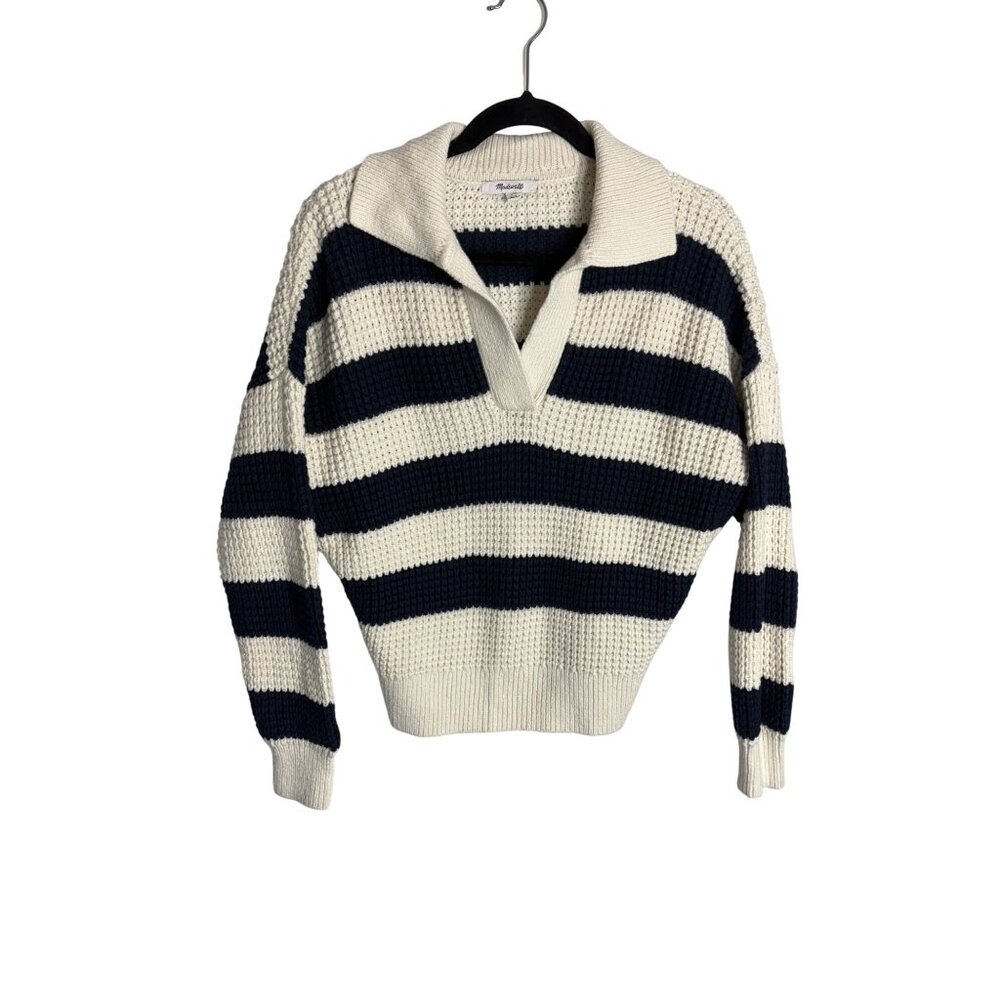 Madewell Waffle-Knit Henley Sweater Blue Ivory Stripe-sz Small - Picture 4 of 9